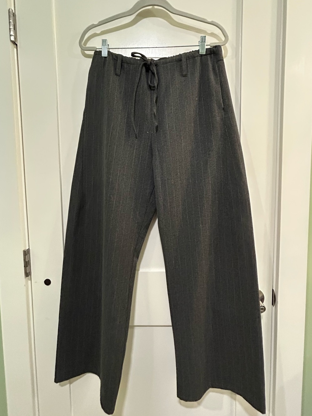 Zara Gray Pinstripe Wide Leg Trousers L Drawstring High Rise Tailored Pants